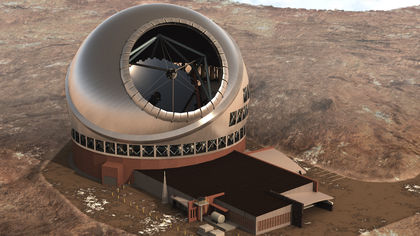 Digital drawing of an observatory in the desert with a large dome and a very large spherical opening